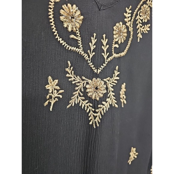 New York City Shirt Medium Embroidered Beaded Black Silk Sheer Sleeve Black Gold - Picture 2 of 8